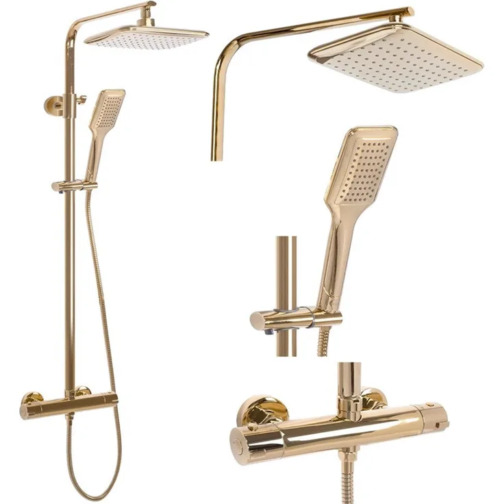 wohnwerk.idee Duschsystem Duschgarnitur Dusche mit Thermostat Tomm Gold Matt, 2 Strahlart(en) - Luxuriöse Regendusche mit Handbrause in elegantem Gold für entspannendes Spa-Erlebnis