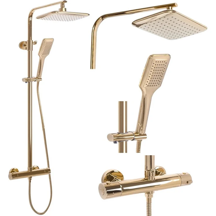 wohnwerk.idee Duschsystem Duschgarnitur Dusche mit Thermostat Tomm Gold Matt, 2 Strahlart(en) - Luxuriöse Regendusche mit Handbrause in elegantem Gold für entspannendes Spa-Erlebnis – Bild 1