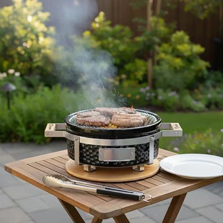 BBQ-Toro Keramik Holzkohletischgrill Ø 29,5 cm, Outdoor Hibachi Grill mit Holzunterlage, ideal für Camping, koreanischen Grill & japanisches BBQ – Bild 4