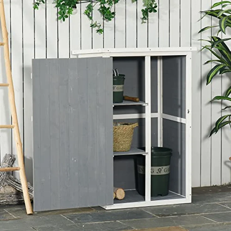 Outsunny Gartenhaus Gerätehaus Geräteschuppen mit Regalböden Geräteschuppen Lagerschuppen für Garten Tanne Schwarz+Grau+Weiß 75 x 56 x115 cm – Bild 2