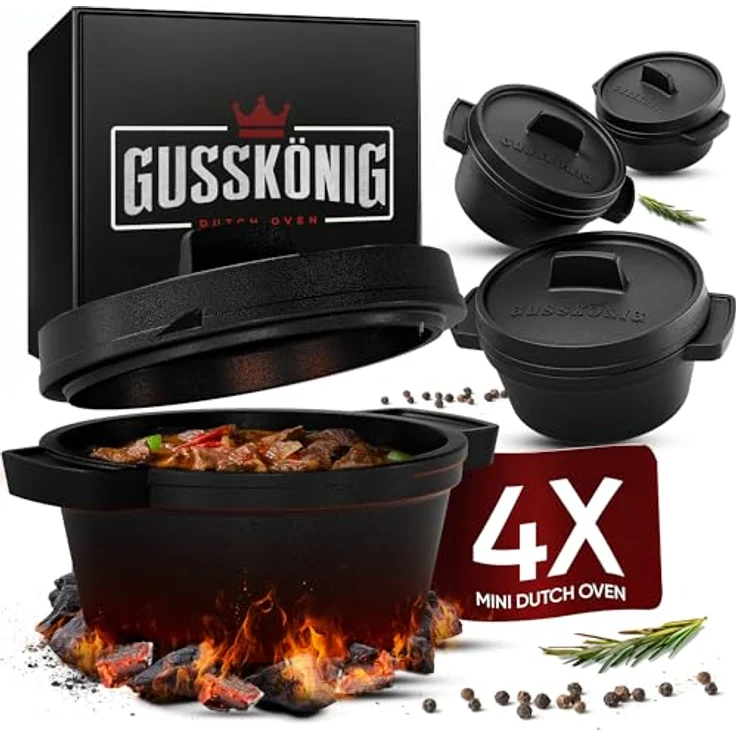 GUSSKÖNIG Dutch Oven Set Mini - 4x 300ml Gusseisen Mini Topf mit Deckel, bereits eingebrannt, vielseitig einsetzbar, ideal für Vorspeisen und Desserts – Bild 1