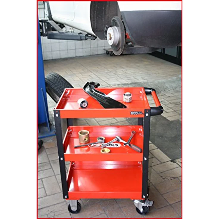 KSTOOLS ECOline Werkstatt-Servicewagen, H850xB680xT425mm, stabiler Stahlblech-Konstruktion, 3 Etagen, rot, hohe Tragkraft bis 150 kg, leicht rollbar mit 4 Rädern – Bild 8