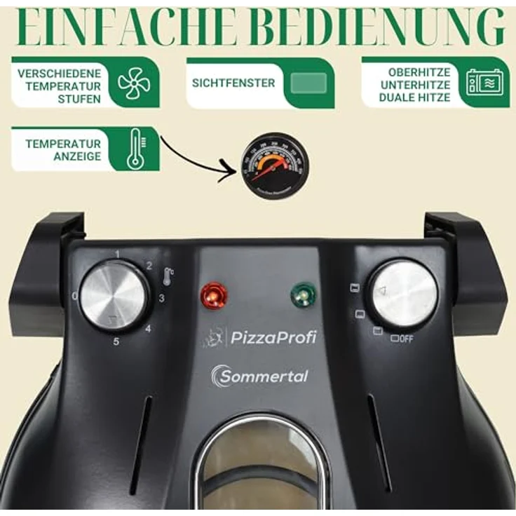 Sommertal Pizzaofen Sommertal PizzaProfi Pizzaofen, 32cm Pizzastein, Pfanneneinsatz, 2x Pizzaschieber, Pizzaschneider, Steinplatte - Max. 400°C, einfache Bedienung, vielseitig einsetzbar, Sicherheits-Sichtfenster – Bild 4
