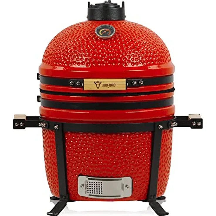BBQ-Toro Kamado Grill Shiro Ø 39 cm mit Thermometer, Holzgriffe | Rot | Mini Holzkohlegrill, Ceramic Grill, Keramikgrill, Grill Ei, Grill Rund Holzkohle, Kamado BBQ