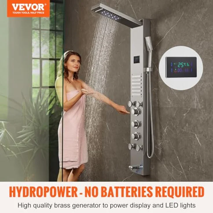 VEVOR Duschpaneelsystem 6-in-1, LED- und Bildschirm-Wasserkraft-Duschpaneel mit Regen- und Wasserfallmodus, 5 Massagedüsen, Handbrause, Edelstahl, wandmontiert – Bild 2