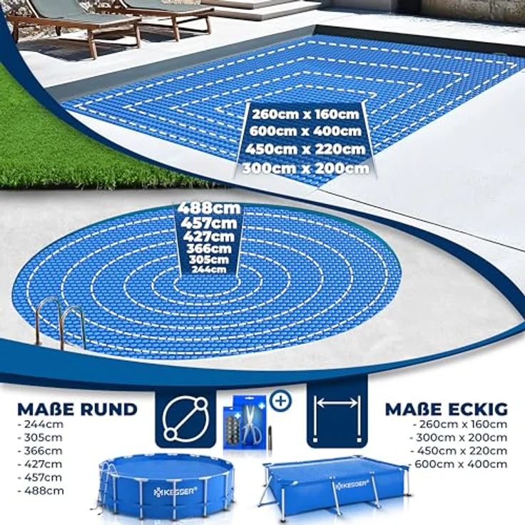 KESSER Pool Solarabdeckplane Rund Ø 244 cm Solarfolie Stärke 120 µm Solarabdeckung Solarplane zuschneidbar Poolsolarplane Solar Folie Poolheizung für Wassererwärmung Wärmeplane Blau, Ø 244 cm – Bild 9