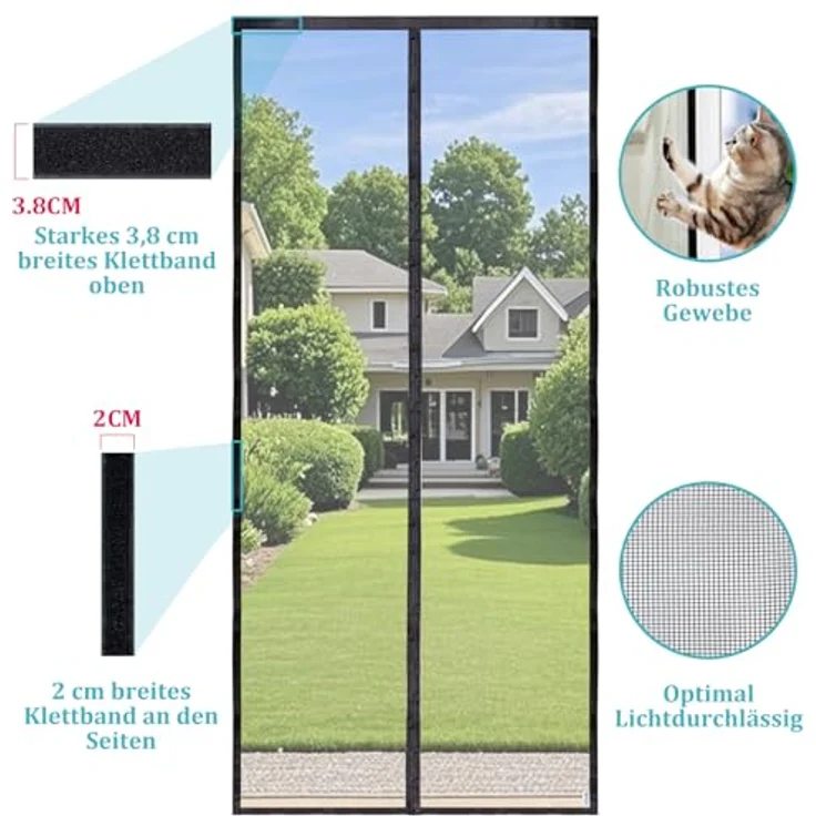 Apalus Prime Fliegengitter Tür, Magnet Insektenschutz für Balkontüren, lichtdurchlässig, reißfest, wetterfest, mit starken Magnetverschlüssen, 85x220 cm, Schwarz – Bild 2
