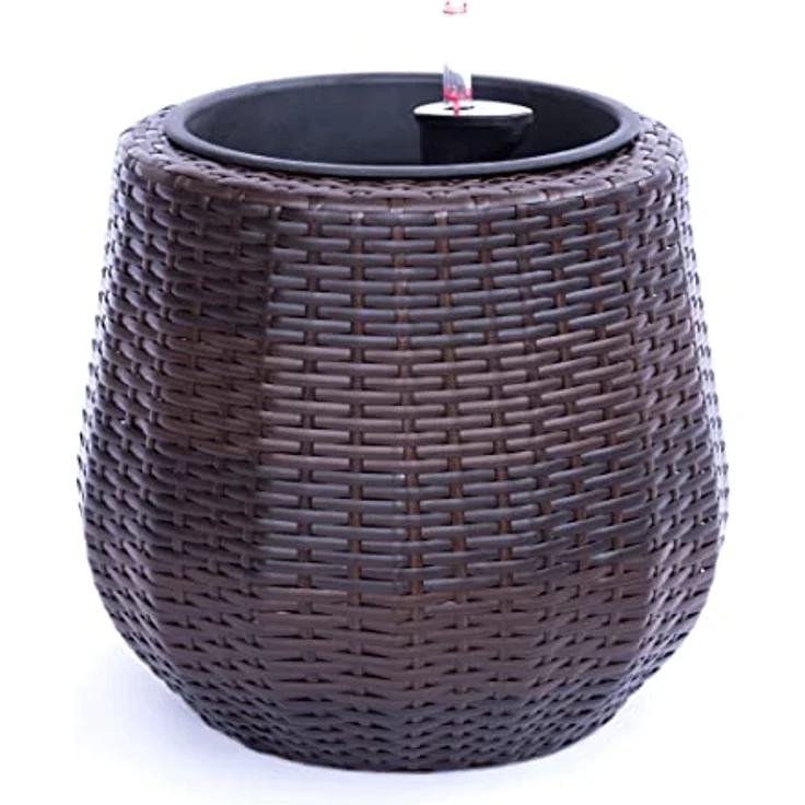 Elegant Einrichten Übertopf, runder Pflanzkübel aus coffee braunem Polyrattan mit Bewässerungssystem, 35x32 cm – Bild 6