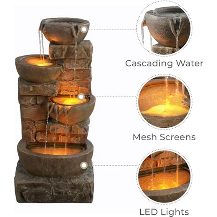 Teamson Home Wasserfallbrunnen "Cascading Bowls & Stacked Stones", Gartenbrunnen mit LED, Polyresin braun, H84 cm – Bild 4