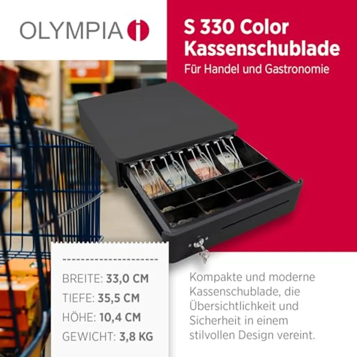 OLYMPIA S 330, Kassenlade Schwarz mit 8 Münzfächern, 4 Scheinfächern, robuster Vollmetallkonstruktion, elektrisch ansteuerbar, inkl. Schloss & RJ11/RJ12-Anschluss – Bild 2