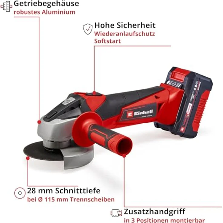 Einhell Akku-Winkelschleifer TC-AG 18/115 Li, Set, 115mm Scheibendurchmesser, 4,0Ah Akku und Ladegerät inklusive – Bild 3