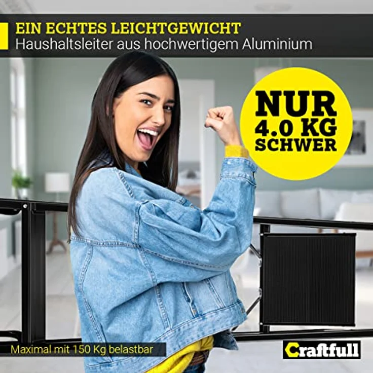 Craftfull CRÄFTFULL Alu Stehleiter CF-133A | 6 Stufen BlackEdition - Klappleiter mit Ablage - Haushaltsleiter - Aluleiter - 150 Kg - Trittleiter 2-6 Stufen – Bild 3