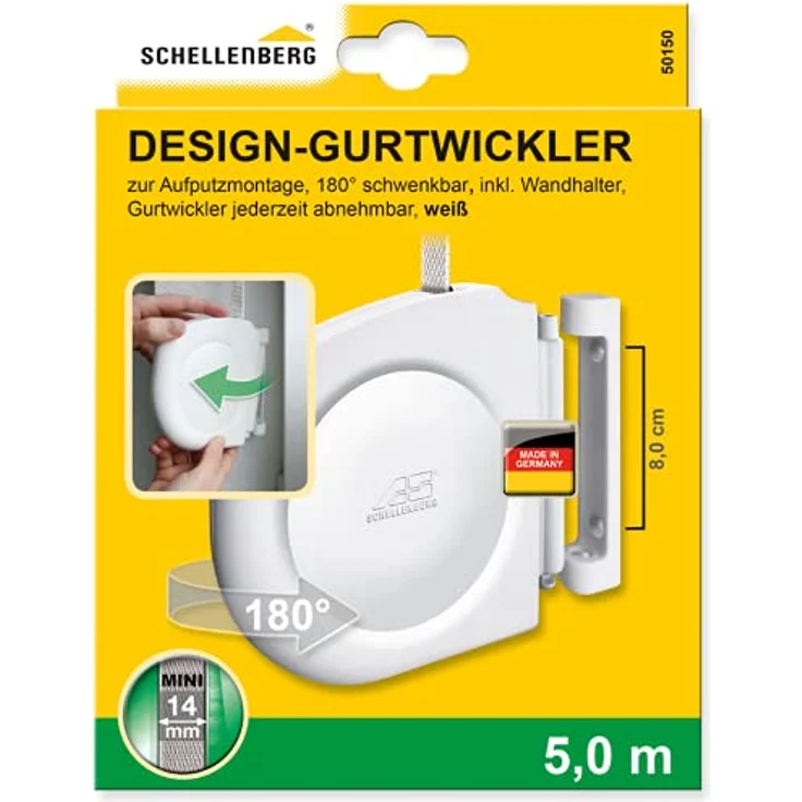 Schellenberg 50150 Rolladen Gurtwickler Aufputz inkl. Rolladengurt 14 mm x 5m, System Mini, 180° schwenkbar, Lochabstand 8 cm Aufschraubwickler kann geöffnet werden, Weiß – Bild 1