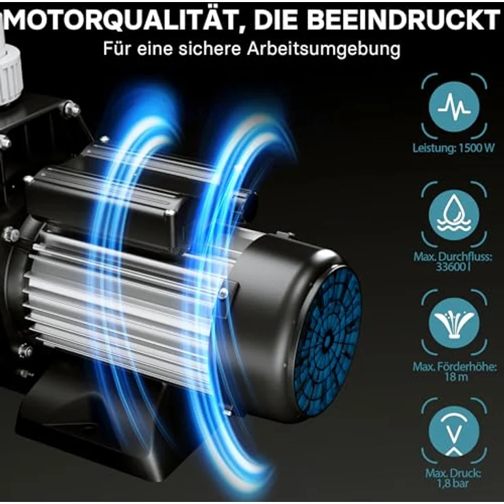 WilTec Poolpumpe 33600 l-h 1500 W Schwimmbadpumpe Filterpumpe Umwälzpumpe - WilTec – Bild 8
