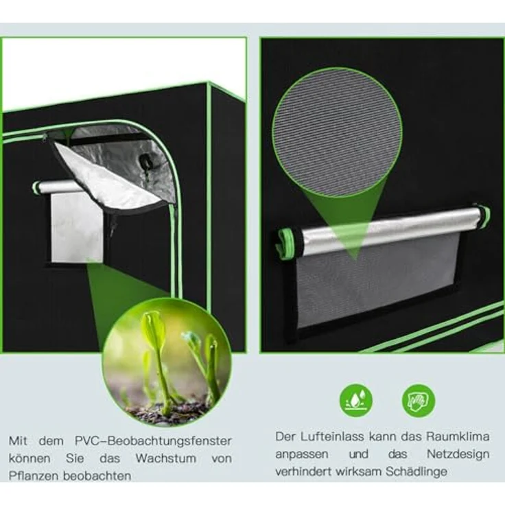 JUNG Gewächshaus Growbox Indoor 70x70x160cm - Reflektierende Mylar-Wände, robuste Metallstangen - Grün – Bild 5