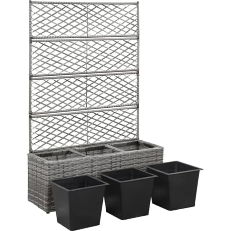 vidaXL Hochbeet mit Rankgitter 3 Töpfe 83×30×130cm Poly Rattan Grau – Bild 4