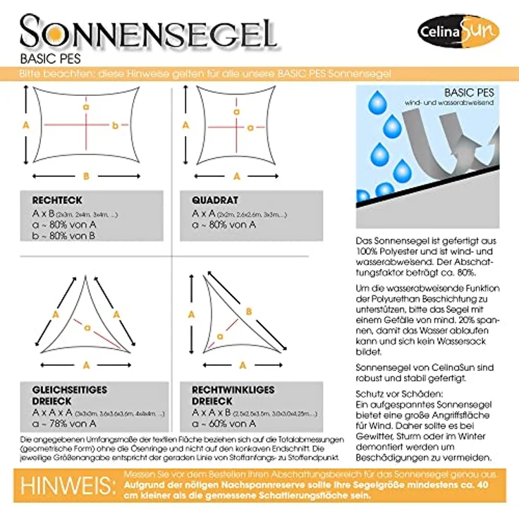 CelinaSun Sonnensegel inkl Befestigungsseile Basic Dreieck rechtwinklig 2,5 x 2,5 x 3,5 m cremeweiß Sonnenschutz wasserabweisend – Bild 5