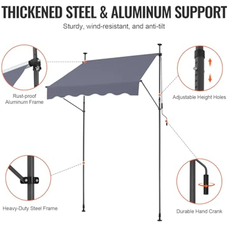 VEVOR Klemmmarkise 150 x 120 cm, Balkonmarkise mit Handkurbel, Sonnenmarkise, Höhenverstellbar von 218 bis 309 cm, Grau – Bild 3
