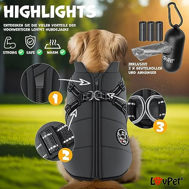 LOVPET® Hundejacke Hundemantel mit Geschirr, inkl. 45 Stück Kotbeutel + Spender, Hunde Winterweste gefüttert wasserdicht, Gepolsterte Weste Mit Brustgurt, Reflektoren, D-Ring 5XL, Anthrazit – Bild 4