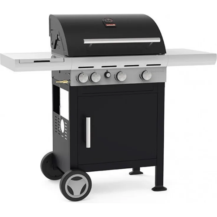 Barbecook SPRING 3212 Gasgrill, 4-Brenner-Konfiguration mit 13,7 kW Leistung, schwarzes Metallgehäuse, inkl. Seitenbrenner und Warmhalterost