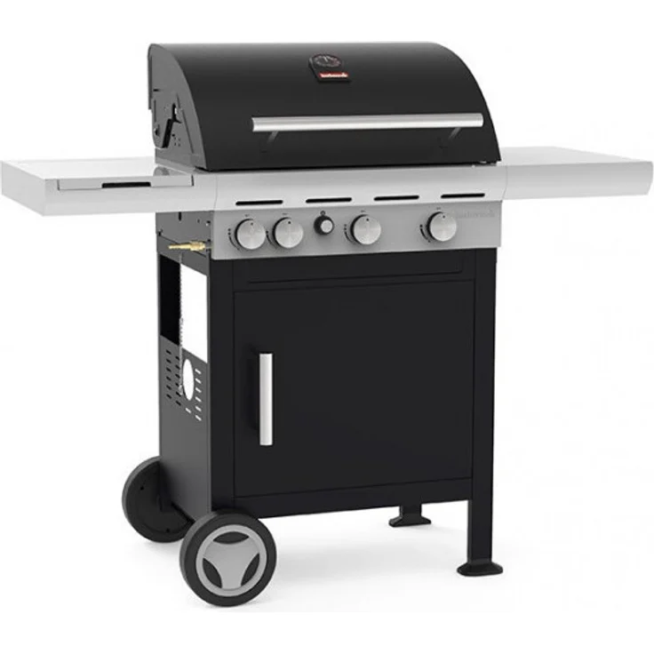 Barbecook SPRING 3212 Gasgrill, 4-Brenner-Konfiguration mit 13,7 kW Leistung, schwarzes Metallgehäuse, inkl. Seitenbrenner und Warmhalterost