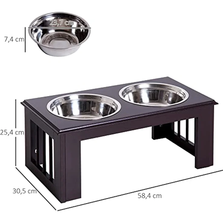 PawHut Erhöhter Hundenapf, Futternapf, Edelstahlnäpfen, Haustier Fressnapf, MDF, Kaffee, 58,4 x 30,5 x 25,4 cm – Bild 3