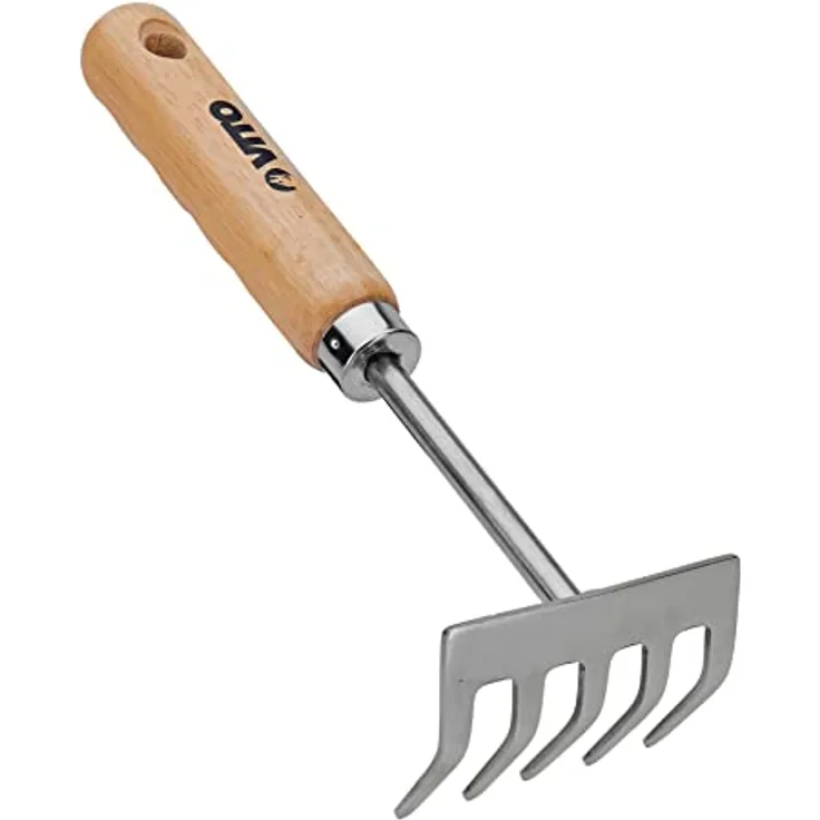 VITO Garden - Kleine Harke aus Edelstahl - Rechen mit Holzstiel - Laubrechen, Rasenrechen, Gartenharke, Handrechen, Handharke, Kleinfächerbesen mit 5 Zinken