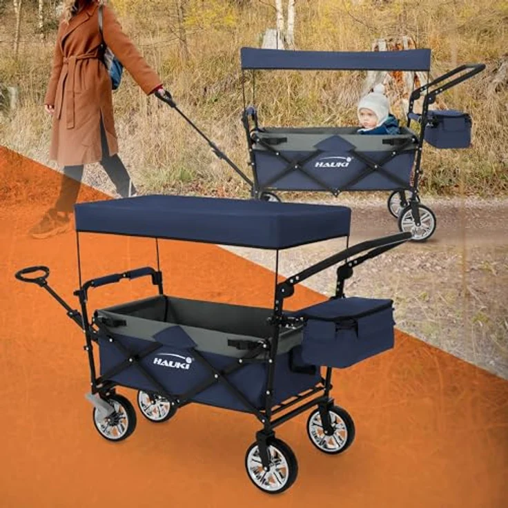 Hauki Bollerwagen XXL faltbar mit Dach, Blau-Grau, 360° drehbare Vorderräder, PU Räder mit Bremsen, Tragkraft 150 kg – Bild 1