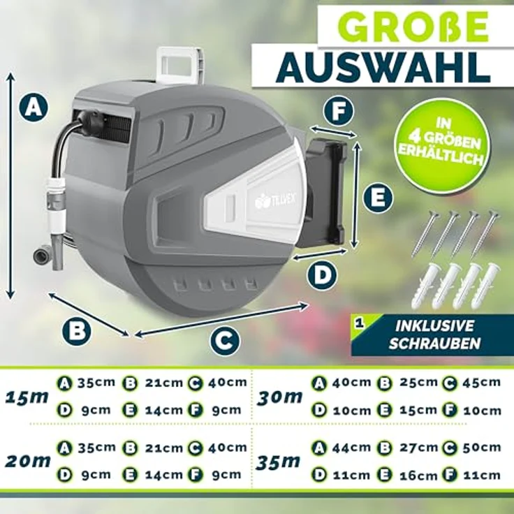 tillvex Schlauchtrommel Wasser mit Wandhalterung und Tragegriff, 35m Gartenschlauch mit 9-funktionaler Handbrause, grau, 180° schwenkbar, mit Aufroll-Automatik – Bild 3