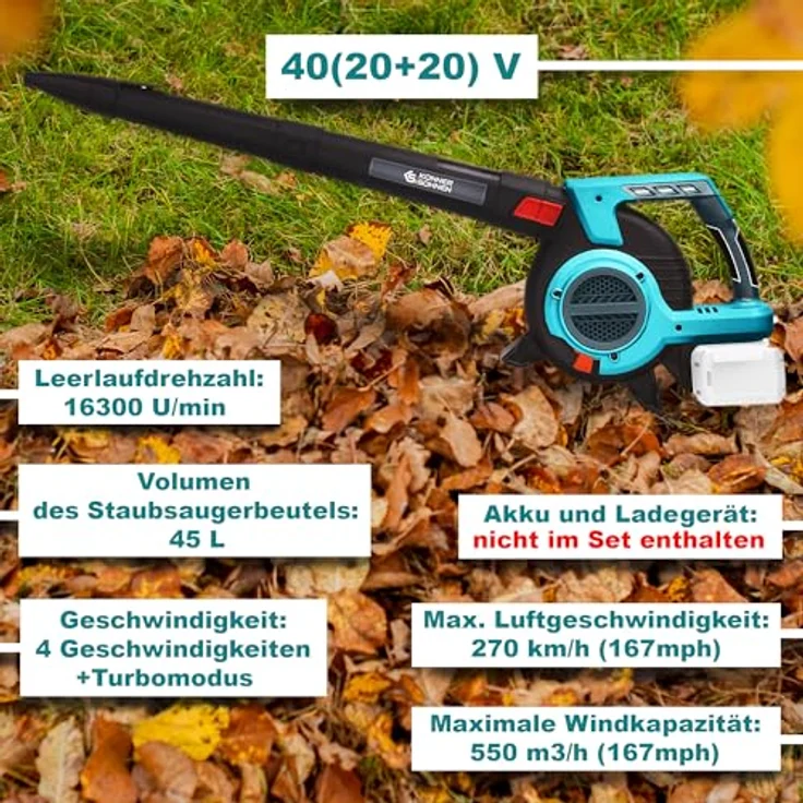 Könner & Söhnen Akku-Gartensauger mit Laubzerkleinerungsfunktion KS LBV-40V, kabellos – Bild 2