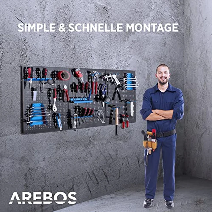 Arebos Werkzeugwand 3-teilige Lochwand Werkstatt, 17-teiliges Hakenset & Halterungen, modulare Montage, 117,6 x 59,5 x 2 cm, Metall, Blau – Bild 5