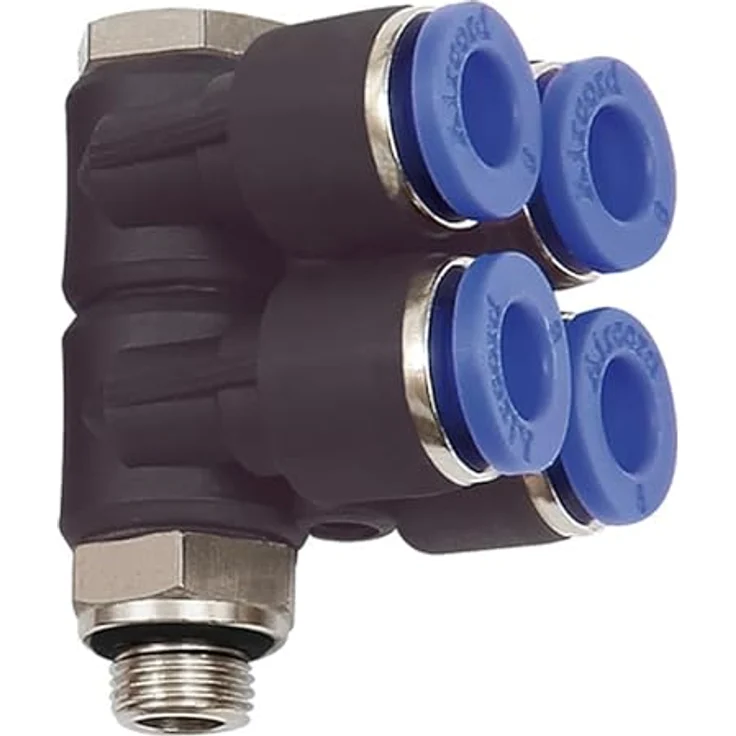 RIEGLER L-Mehrfachverteiler »Blaue Serie«, 4-fach drehbar, G3/8 für Ø10 mm Schlauch, max. 15 bar – Bild 1