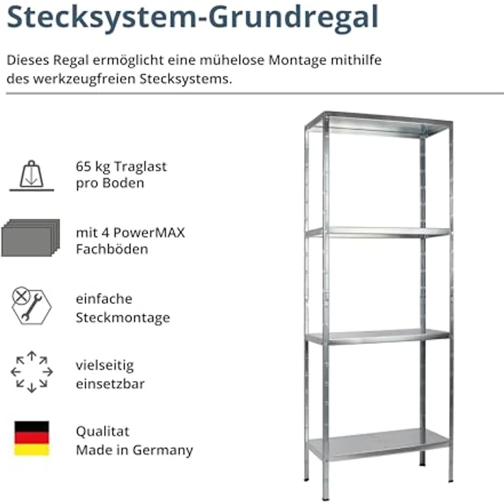 Schulte Regalwelt Lagerregal mit 4 PowerMAX-Fachböden, 180x60x40cm Regalsystem, Steckregal mit einfacher Montage ohne Verschrauben, Traglast je Boden bis zu 65 Kg (bis zu 260 Kg Gesamttraglast) – Bild 4