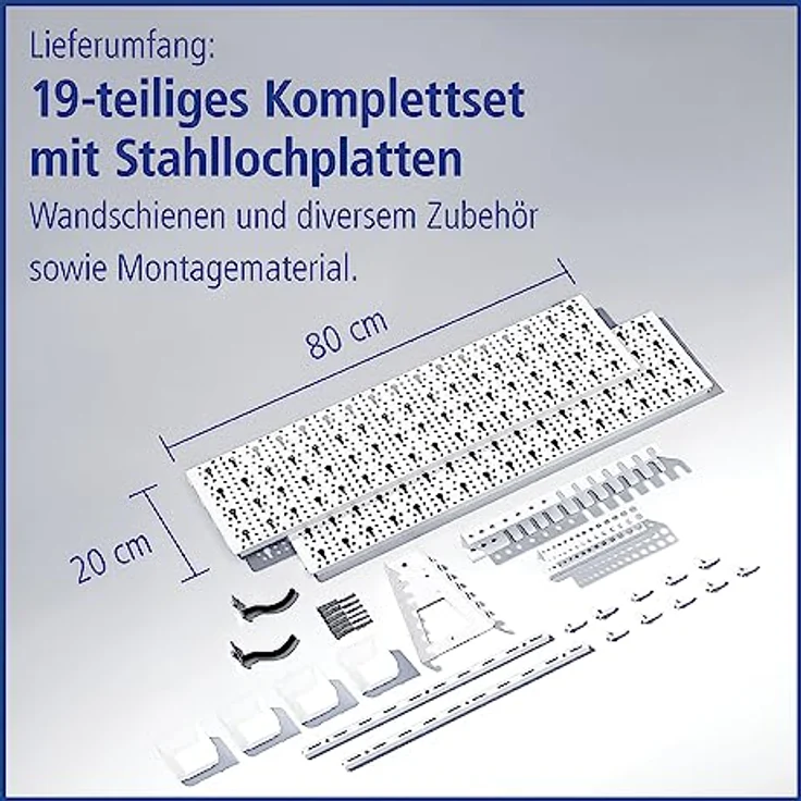 Element System DIY Element System HEIMWERKER ORGANIZER 2 – Metall-Werkzeugwand mit 2 Stahl-Lochplatten (800 x 200 mm), weiß, inkl. 29-teiligem Set von Halterungen und Montagematerial – Bild 3