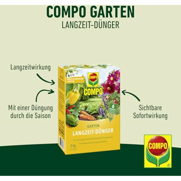 COMPO Garten Langzeit-Dünger, 2 kg für Gartenpflanzen, 6 Monate Langzeitwirkung, umweltschonende Rezeptur, für 37 m² – Bild 2