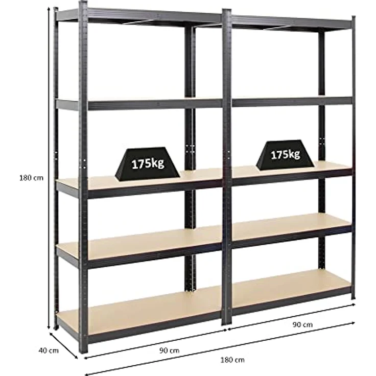 Proregal Schwerlastregal Mega Deal Ragnar, 180 x 90 x 40 cm, Traglast 175 kg pro Boden, 5 höhenverstellbare Böden, Steckmontage, Schwarz – Bild 2