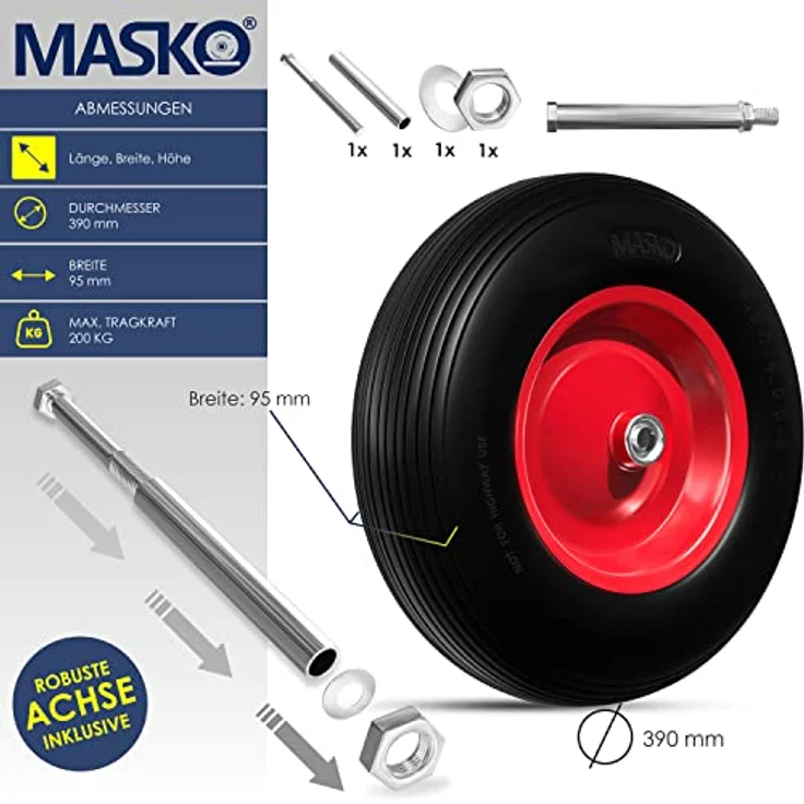 MASKO PU Schubkarrenrad Vollgummi 200 kg pannensicher 4.80-4.00-8 Ø 390mm inkl. Achse Ersatzrad Gummirad Stahlfelge Reifen pannensicher für Schubkarre Gartenkarren pannensicheres PU Rad Schwarz - Rot – Bild 6