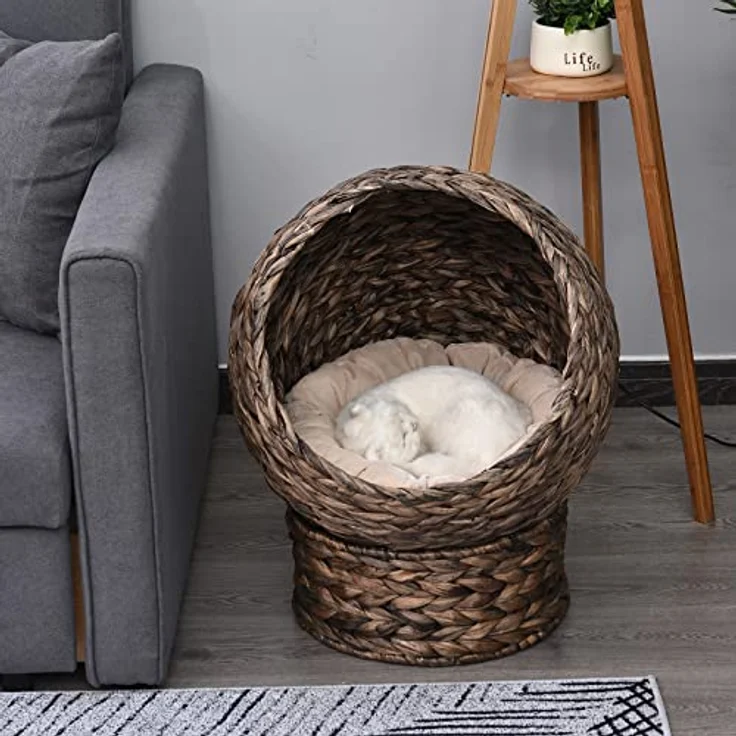 PawHut Rattan Katzenkorb Katzenhütte Katzenhöhle Katzenbett mit Kissen Haustierbett aus Wasserhyazinthe für Wohnzimmer Dunkelbraun 50 x 42 x 60 cm – Bild 2