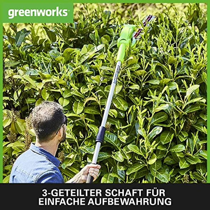 Greenworks Akku Teleskop Heckenschere G40PHA (Li-Ion 40V 51 cm Schwertlänge 18 mm Zahnabstand 3200 Schnitte/Min bis auf 250cm ausziehbarer Schaft mit 2Ah Akku und Ladegerät) – Bild 5