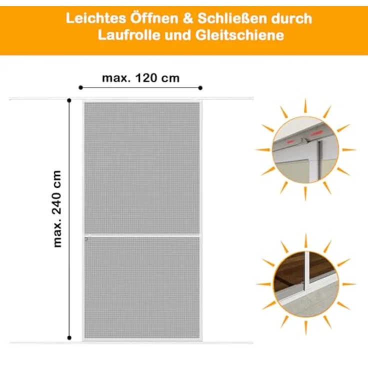 Yoursol Alu Insektenschutz Schiebetür 120 x 240 cm, Fiberglasgewebe UV-beständig, weiß oder grau für Balkon und Terrassen – Bild 2