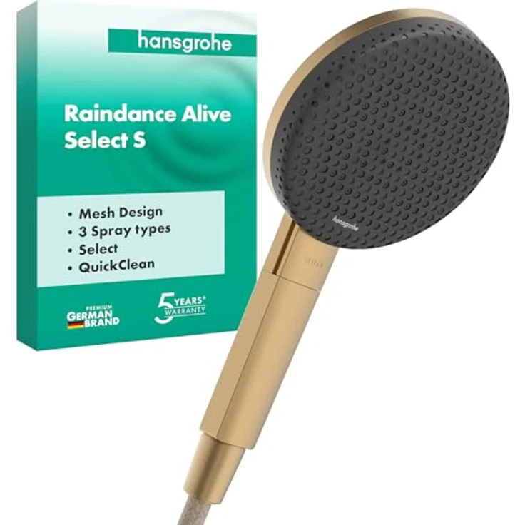 Hansgrohe Raindance Alive Select S, Runde Handbrause mit 3 Strahlarten, Anti-Kalk-Funktion, brushed bronze Oberfläche, 125 mm Durchmesser, 10.30 l/min – Bild 1