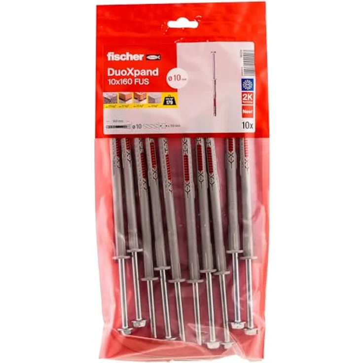 fischer DuoXpand 10 x 160 FUS, Hochwertiger Universaldübel mit Sechskantschraube & U-Scheibe (10 Stk.), Nylon-Dübel für starken Halt, ideal für poröse Baustoffe & randnahe Verankerungen – Bild 1