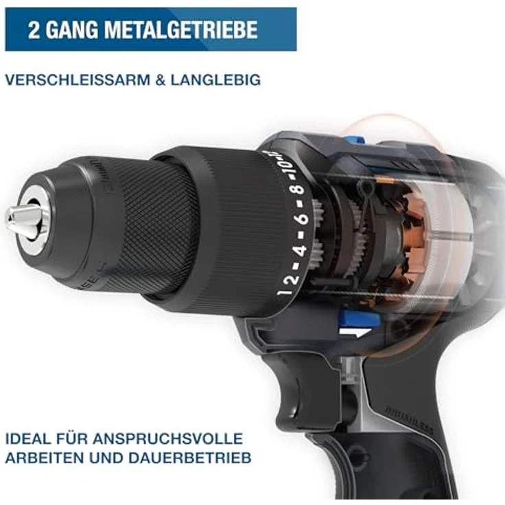 HYUNDAI Akku-Schlagbohrschrauber HD20X-60-2A1, 20V, 60 Nm, bürstenloser Motor, 2-Gang-Metallgetriebe, 13mm Metallbohrfutter, inkl. 2.0Ah Akku, Ladegerät und Koffer – Bild 3