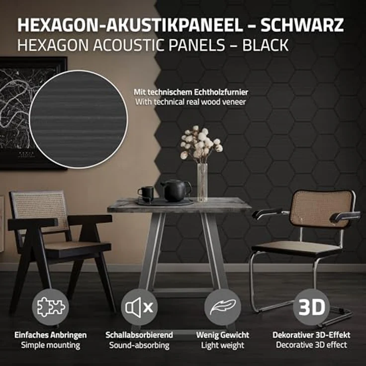 ML DESIGN 2er Set Akustikpaneele 66x81x2cm, Schwarz in Hexagon-Holzoptik, schallabsorbierende Wandpaneele für Büro und Studio, exzellente Schalldämmung, einfache Montage – Bild 2