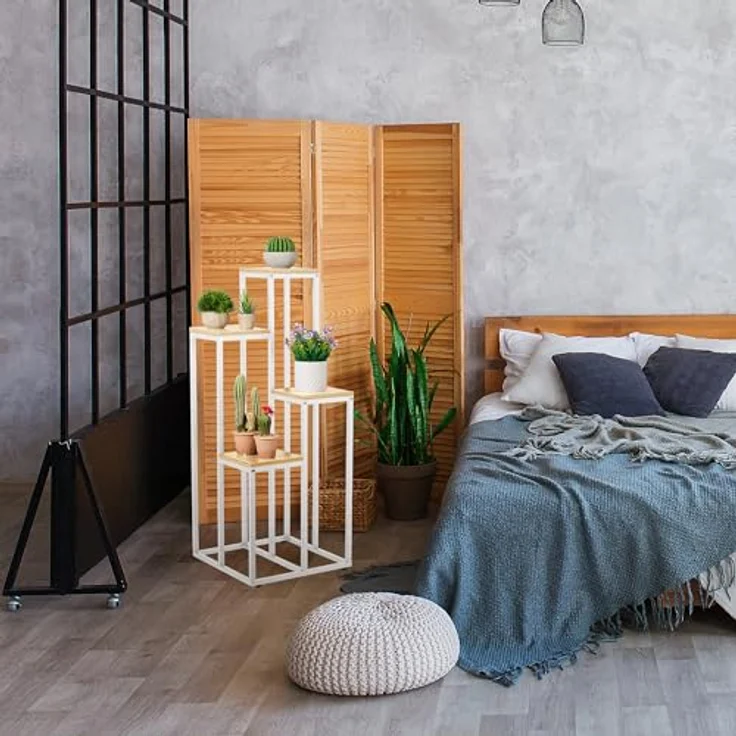 relaxdays Blumenständer Weiße Blumentreppe mit 4 Ablagen, Hellbraun - Stufenförmiges Pflanzenregal aus Stahl und MDF, maximale Traglast 40 kg – Bild 3