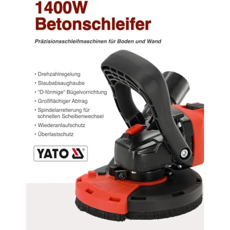YATO Betonschleifer Betonfräse 1400W, Diamantschleifer 125 mm mit Drehzahlregelung und Absaughaube, für präzises Schleifen von Beton und Estrich – Bild 2