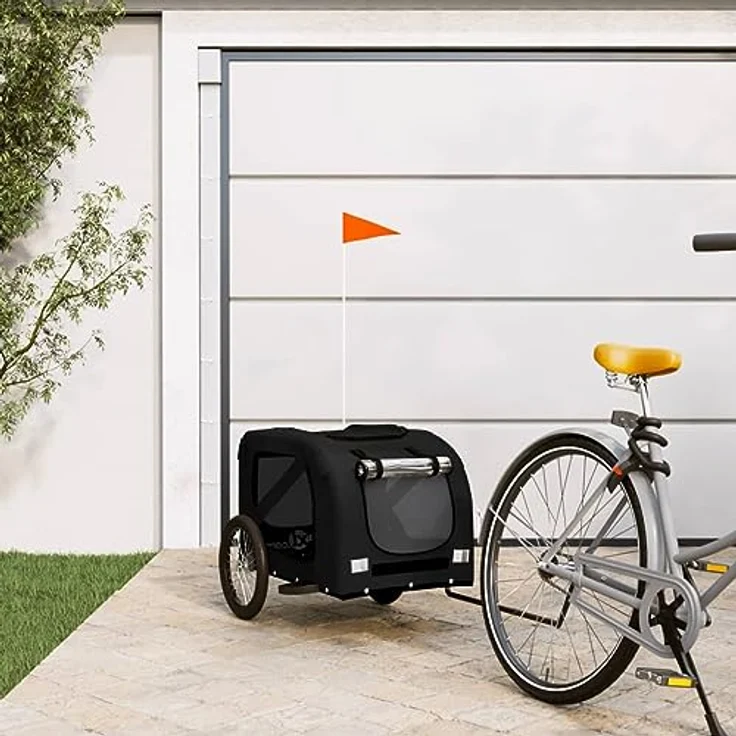 vidaXL Fahrradanhänger für Hunde, Hundeanhänger mit Reflektoren Flagge, Hundetransporter Maximale Belastbarkeit 45kg, Schwarz Oxford-Gewebe Eisen - Preisvergleich – Bild 2