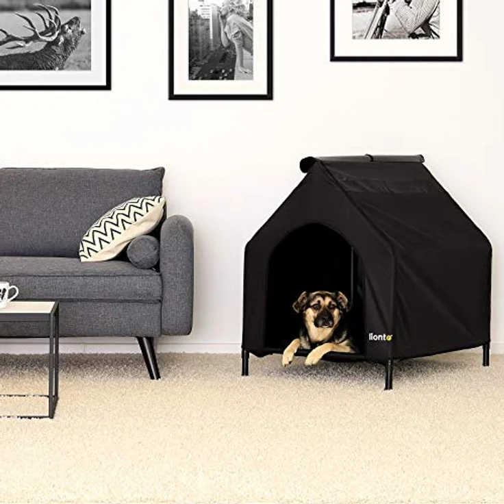 lionto Überdachte Hundeliege erhöhte Hundehütte Hundebett mit Dach, (S) 90x65x85 cm schwarz – Bild 3
