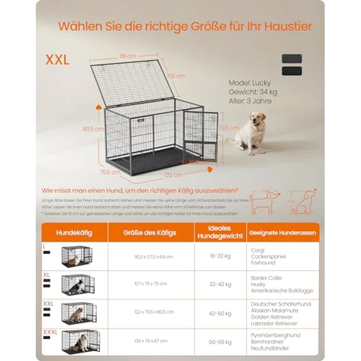 Feandrea Hundekäfig XXL, hochbelastbar, Gitterbox für große Hunde, transportabel, 122 x 75,5 x 80,5 cm, Grau – Bild 4