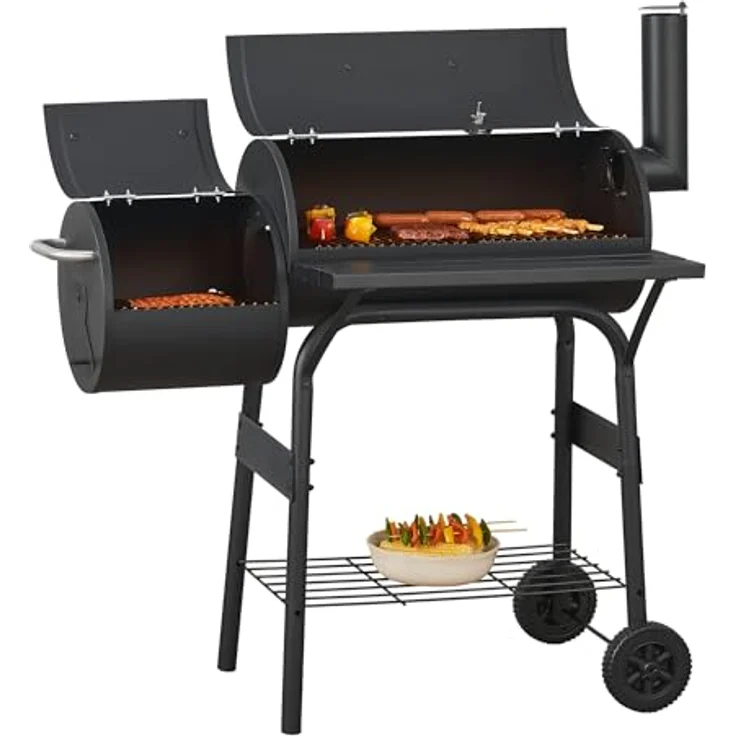 casa.pro Smoker Grillwagen Arielli Holzkohlegrill mit Deckel BBQ Kohlegrill mit Feuerbox 2 Räder Deckelthermometer Schornstein 115x110x64cm Schwarz – Bild 3